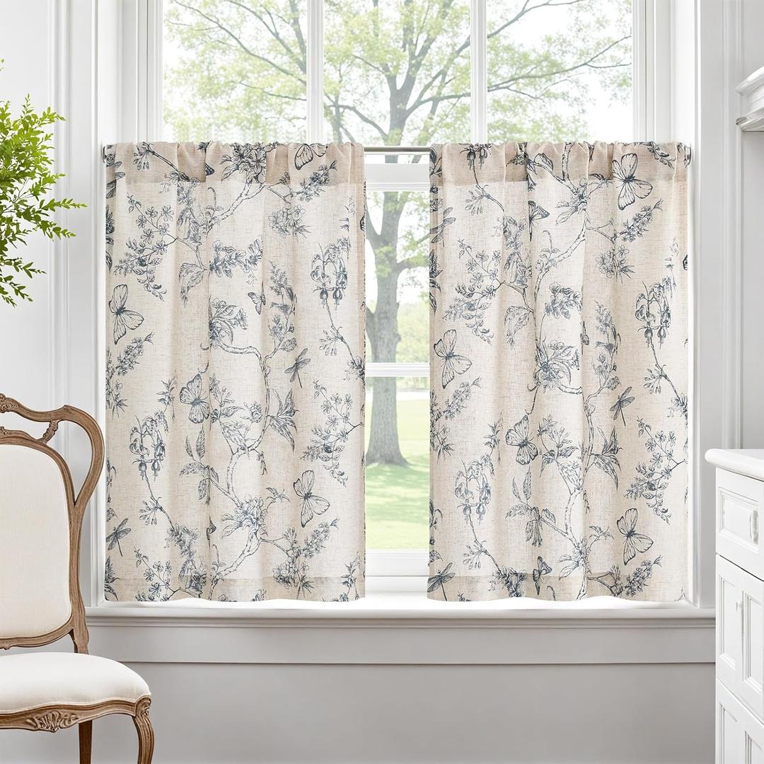 jinchan Floral Kitchen Curtains for Windows 36 Inch Farmhouse Country Linen Tier Curtains Botanic Small Window Drapes for Living Room Bathroom Laundry RV Rod Pocket Rustic 2 Panels Blue on Beige