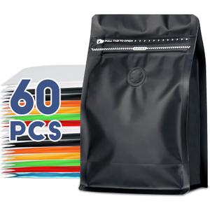 Coffee Bags with Valve(60pcs,8oz,1/2 lb) Vented Coffee Beans Packaging Bags High Barrier Aluminumed Foil Flat Bottom Heat Sealed Side Zipper Resealable Storage Bag for Home or Business（Black）