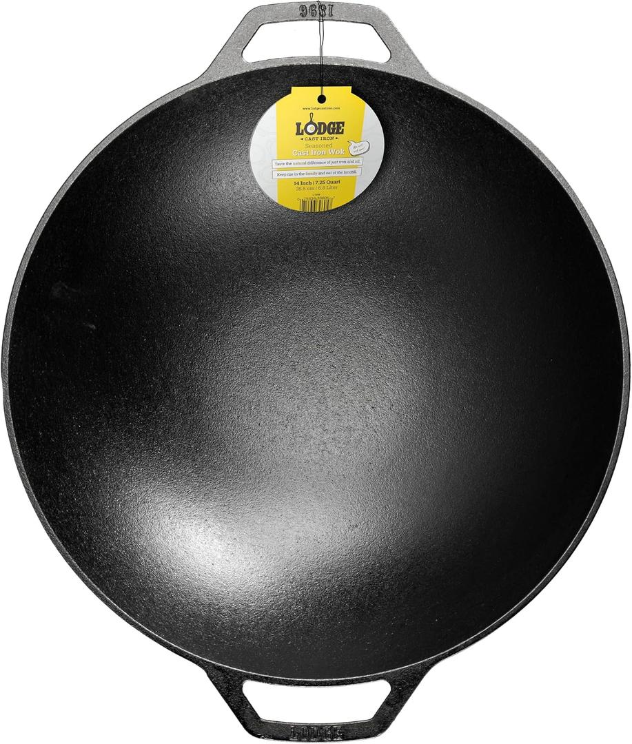 Lodge 14 Inch Cast Iron Wok with Dual Loop Handles PFAS FREE Pre-Seasoned Family Size Stir Fry Pan Stovetop & Oven Safe Heavy Duty High-Heat Retention Wok Made in USA