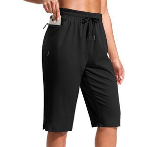 G Gradual Women's 13" Long Hiking Shorts with Zipper Pocket Lightweight Quick Dry Knee Length Bermuda Shorts for Women (Black)
