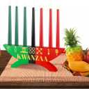 12 Pcs Kwanzaa Kinara Set Include 3 Red 3 Green 1 Black Candles Double Sided Wooden Candle Holder Wine Glasses Basket Kente Cloth Bamboo Table Mat for Kwanzaa Celebration Decoration