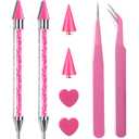 Pink Rhinestone Picker Tool Set - 2 Pcs Dual-Head Wax Pens with 2 Wax Tips and 2 Pink Tweezers, Wax Pencil for Rhinestones, Crystal Diamond Pickup Tool for Nail Art, Gem and Crystal Application Kit