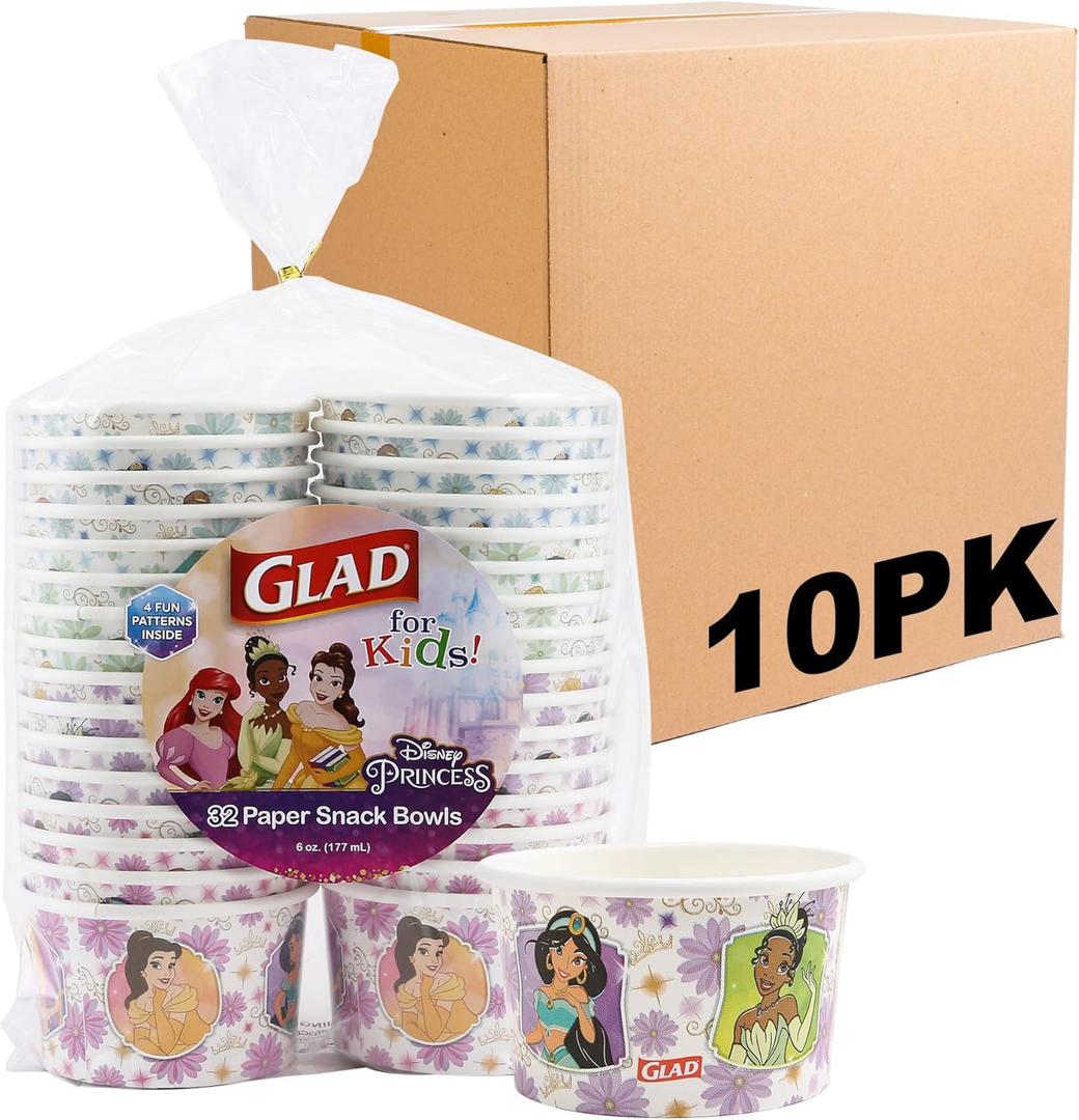 Glad for Kids Disney Princess Disposable Paper Snack Bowls, Lids Not Included, Floral Frames - Heavy Duty, Microwavable, Disposable Snack Cups with Lid for Soup or Ice Cream, 6 Oz, 20 Count - 10 Pack