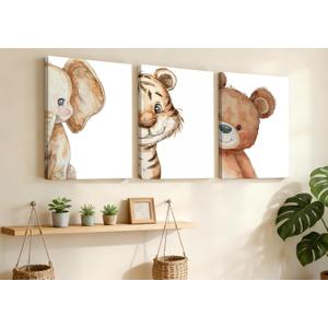 Devunaty 3pcs Funny Safari Animals Nursery Canvas Wall Art Baby Animals Poster Print Wall Decor Cute Bear Tiger Elephant Paintings Picture for Kids Baby Room Boys Girls Bedroom Decor 12X16in Framed