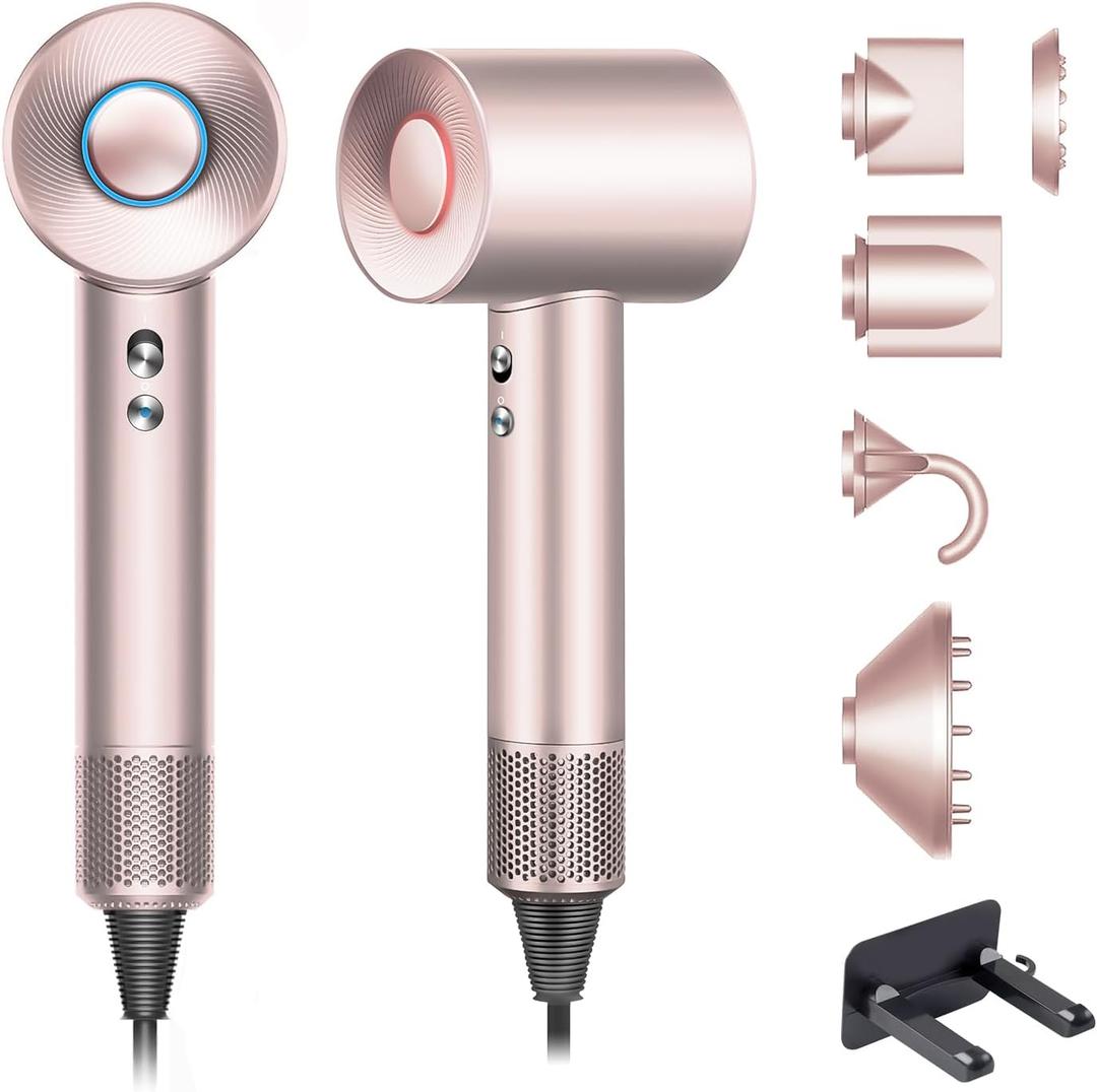 Brushless Powerful Hair Dryer, 1600W 110,000 RPM Fast Drying High Speed Blow Dryer with Negative Ion Technology, Portable Lightweight with Diffuser and Nozzle for Home Salon Travel, Pink