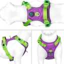 PHOEPET No Pull Dog Harness, Unique Colors Reflective Adjustable Dog Vest, with Soft Training Handle Metal Clips for Small Medium Large Dogs (Purple Base & Green Straps,L)