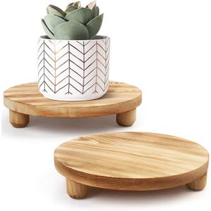Wood Riser for Decor, 2 Pack Wood Pedestal Stand for Display, Round Wooden Tray for Kitchen Counter, Wooden Pedestal Stand for Plant Pot Indoor