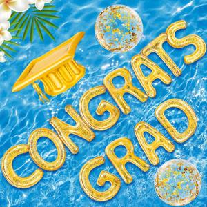 Sumind 15 Pcs Congrats Grad 2026 Pool Float 20" Inflatable Letter Pool Float Glitter Grad Party Decor Graduation Decoration Set with Graduation Beach Ball Hat for Beach(Gold)