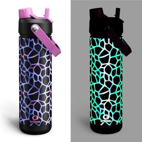 ENCOOL Insulated Water Bottle with Straw Stainless Steel Water Bottle, Glow in the Dark, Leak-Proof, BPA-Free, Keeps Cold for 24 Hours for Sports, Travel, School (26 oz, Bubble)