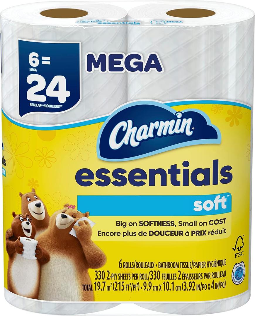 Charmin Essentials Soft Toilet Paper 6 Mega Rolls, 330 sheets per roll