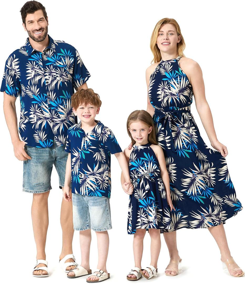 PATPAT Family Matching Outfits Matching Hawaiian Outfits for Family Tropical Palm Leaf Print Boys Toddler White Tropical Hawaiian Shirt Dad Son Matching Shirts Navy Blue Leaf Print Boy, 4t/5t