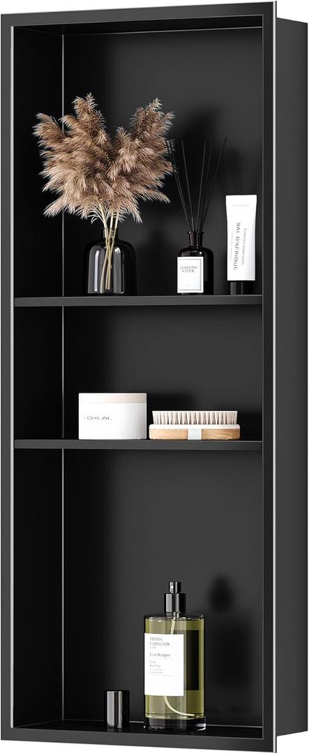 Stainless Steel Shower Niche 12" X 30", No Tile Needed Wall Niche Three-Tiers, Recessed Shower Shelf for Bathroom Storage, Matte Black