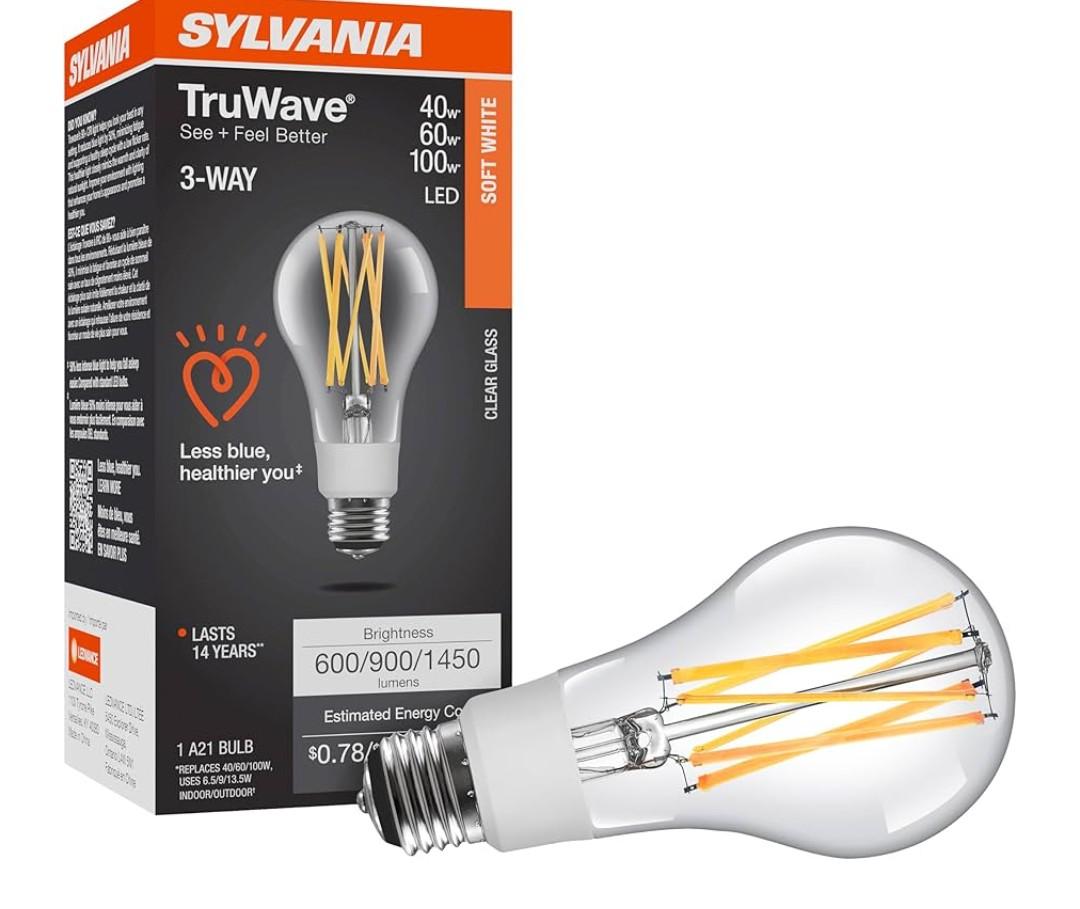Sylvania LED TruWave Natural Series 3-Way A21 Light Bulb, 40/60/100W Equivalent Efficient 6.5/9/13.5W, Medium Base, Clear, 2700K, Soft White - (40769) (Pack of 6)