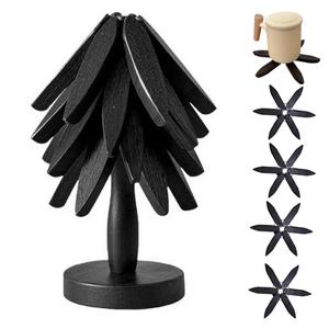 Natural Foldable Black Walnut Wooden Trivet Set - 4 Trivets + 1 Stand for Hot Dishes, Pot, Bowl, Teapot, Hot Pot Holders (Black)