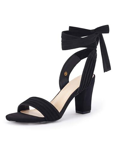 Coutgo Womens Strappy High Heels Chunky Heeled Sandals Bow Tie Lace Up Open Toe Pumps Dress Wedding Comfortable Shoes,Black,Size 6