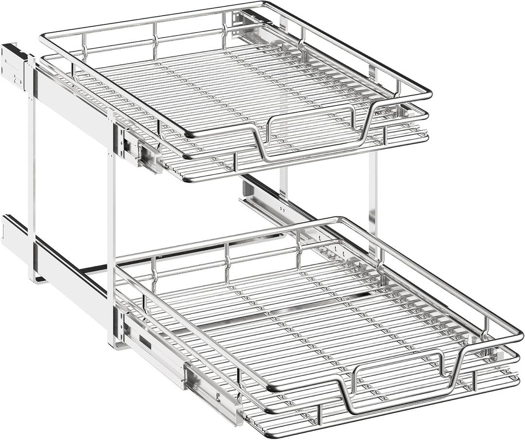 2-Tier Kitchen Cabinet Pull Out Shelf and Drawer Organizer Slide Out Pantry Storaqe Basket in Multiple Sizes (17" W x 21" D)
