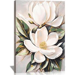 DRLWGTY White Flower Canvas Wall Art, Botanical Framed Wall Decor Aesthetic with Handmade Yellow Crystal Accents, Ready to Hang for Bedroom, Bathroom, and Living Room (Flower B, 24*32 in, Wrapped Canvas)