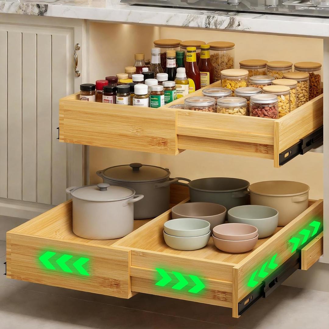 BAMEOS 2-Pack 14" to 20" Adjustable Width Soft Close Slide Out Bamboo Wood Drawer Organizer for Kitchen,Pantry, Bathroom & Under Sink, 2-Pack Wooden Storage, 21" Depth, 66 lbs Capacity