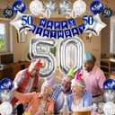 3 x 50th Birthday Decorations Kit with 32 Inch Number 50 Foil Balloons, Silver Swirl Decorations, Happy Birthday Banner & Star Foil Balloons for Golden Birthday Party