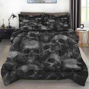 Comforter Set Twin Size, Skull Skeleton Soft 2 Pcs Bedding for Kids and Adults, Spooky Horror Gothic Comforter Set with Pillowcase, for Bedroom Bed Decor