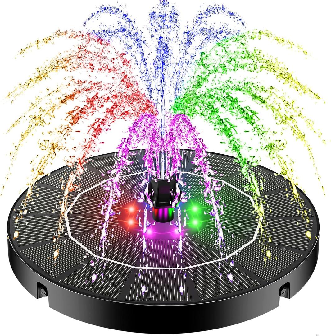 SZMP Solar Water Fountain 2025 Upgraded, 3.5W Solar Fountain Pump Garden Bird Bath with Color LED Lights, 4 Fixes & 7 Nozzles, Bird Bath Garden Patio Pond Pool Fish Tank