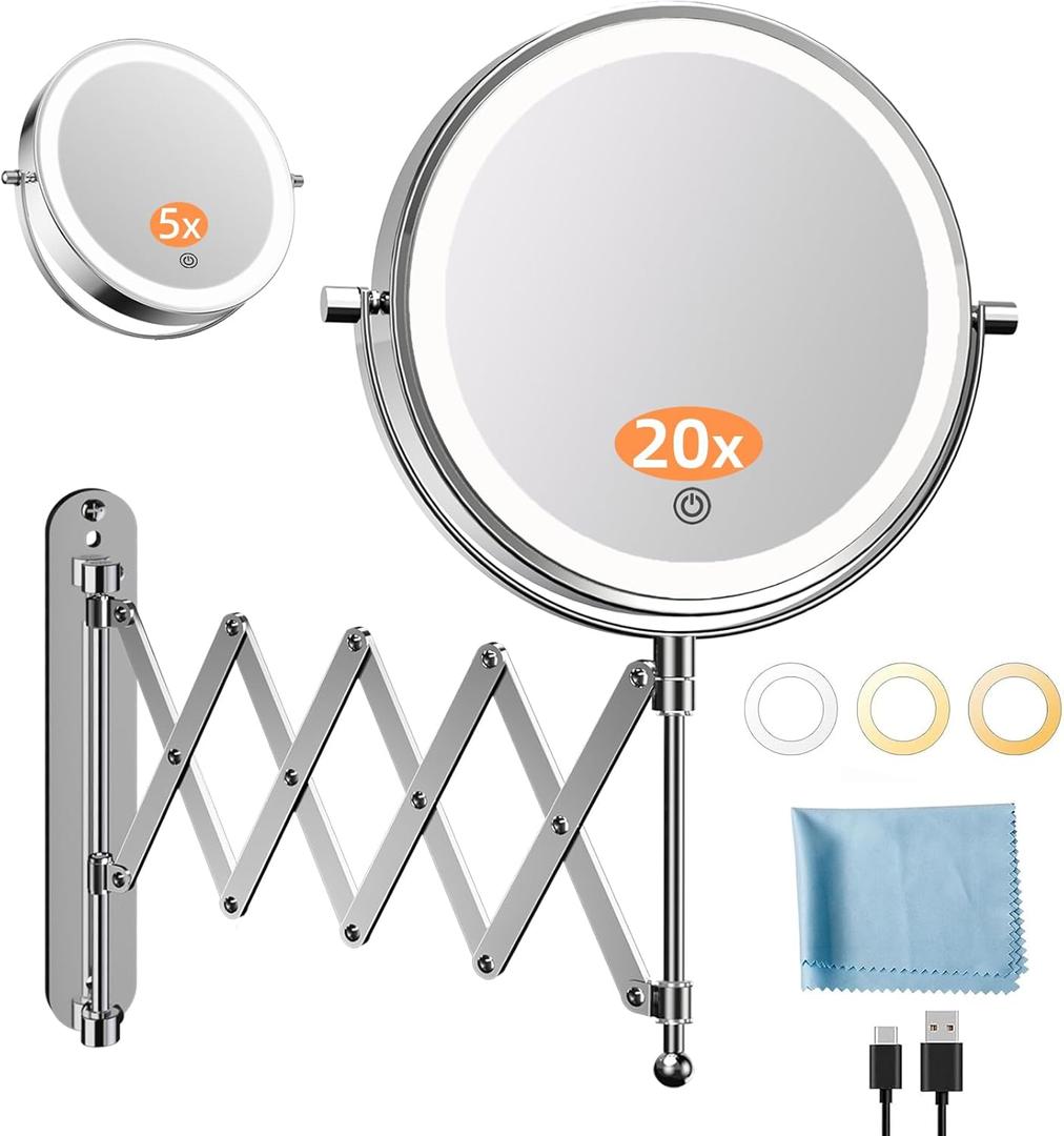 Famihomii 5X/20X Wall Mount Magnifying Mirror with Light, Rechargeable Double Sided Magnification, 4000mAh Battery, Type-C Cable, Touch Dimmable, for Home, Bathroom, Cloakroom, Housewarming Gifts