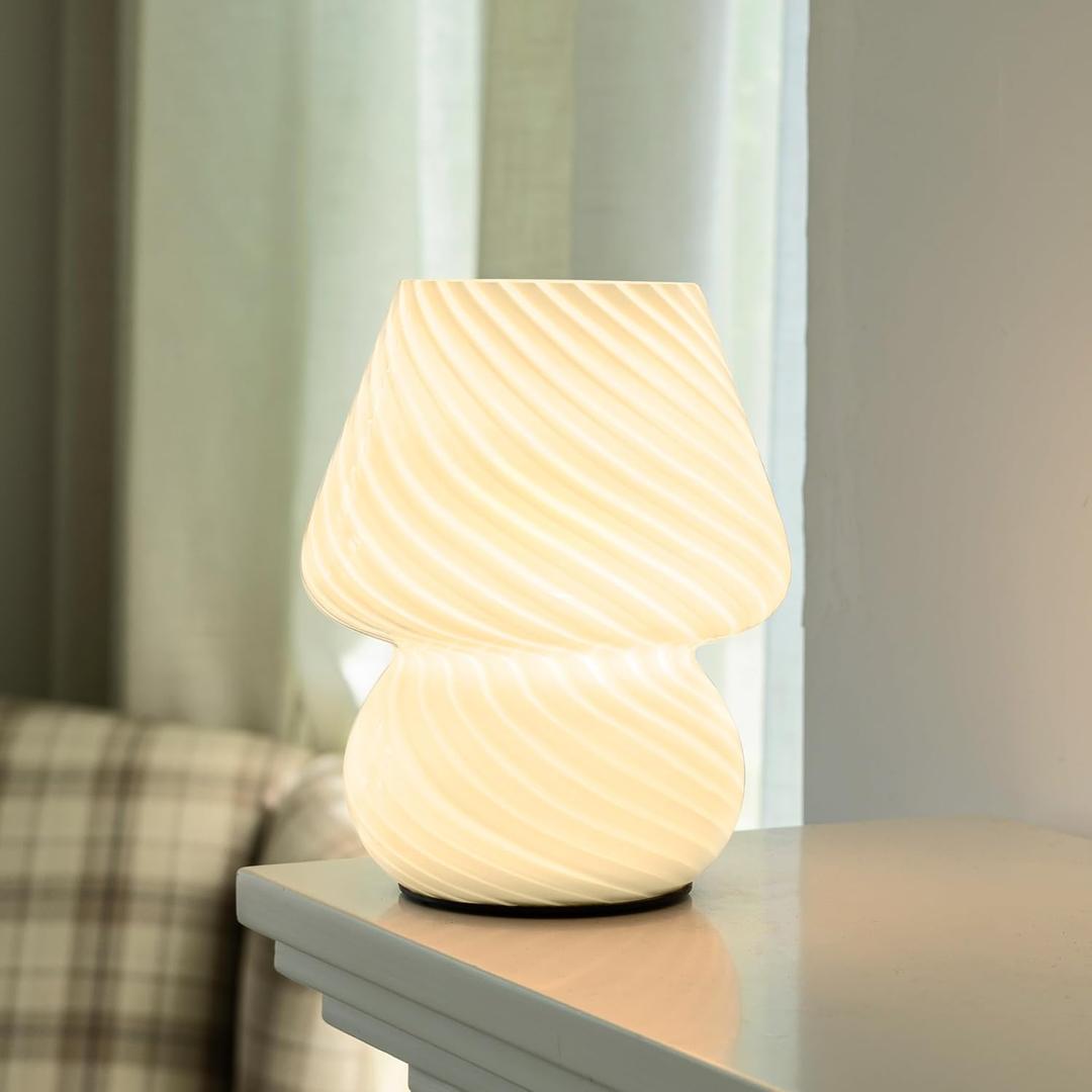 Battery Operated Mushroom Lamp-Vintage Small Table Lamp with Timer,Cordless Bedside Nightstand Glass Battery Powered Lamp for Bedroom Kitchen Living Room Shelf Decor Gift Aesthetic White