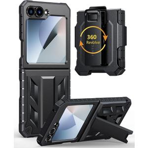 FNTCASE for Samsung Galaxy Z-Flip-6 Case: Military Grade Protection Shockproof Cell Phone Cover with Belt Clip Holster & Kickstand | Protective Drop Proof Rugged Case for Z Flip 7 FE 2025-Black