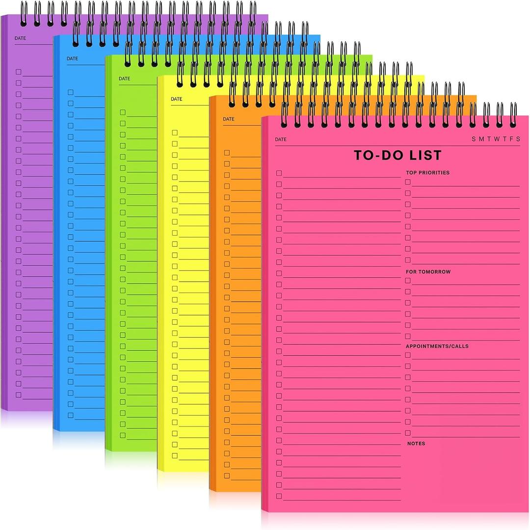 6 Pcs Notepads 50 Sheets 6.5 x 9.8 Inch, Multicolors Spiral Daily Planner Notebooks with Multiple Functional Sections for Classroom Office Plan Work Schedule (Bright Colors,to Do List)