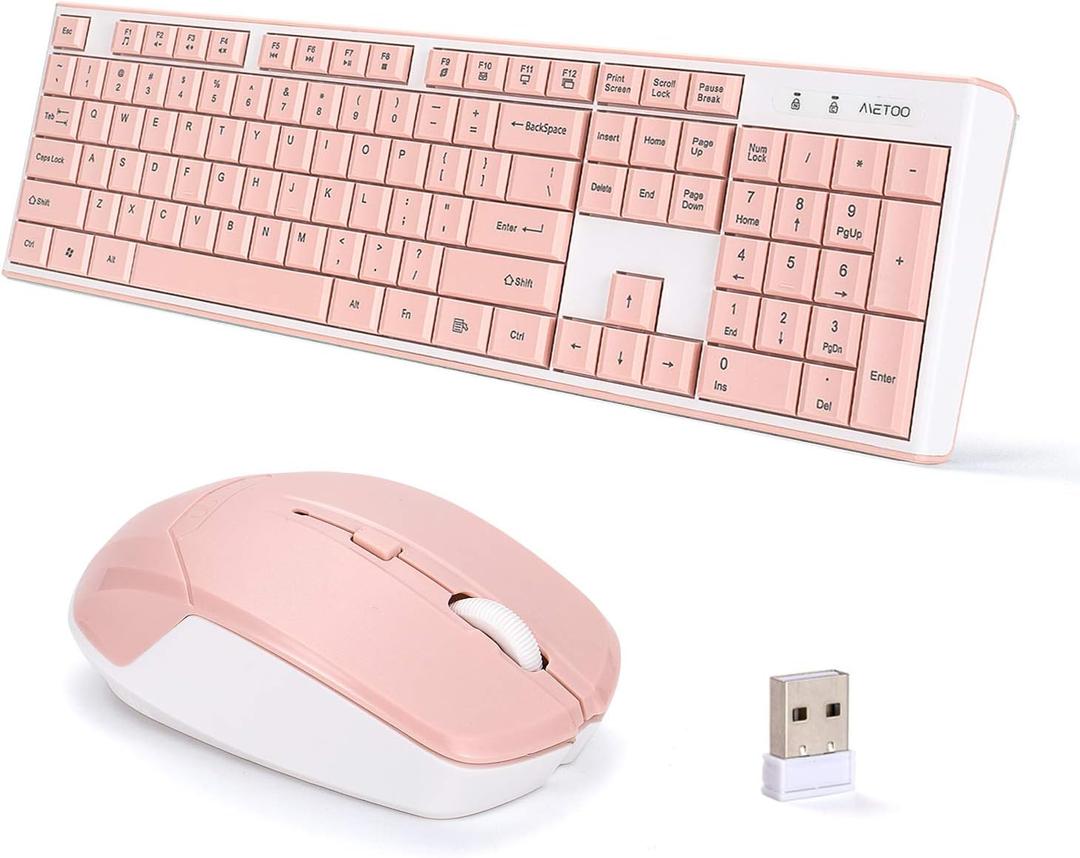 Wireless Keyboard and Mouse Combo, Pale White Pink 2.4 USB Wireless Connection, Cute Pink Wireless Keyboard Mouse Set for PC/Laptop/Mac/Computer