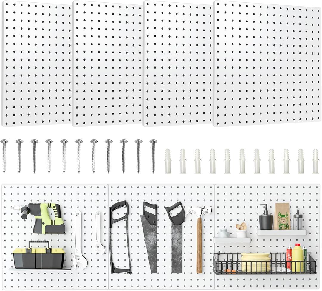 Peg Board, 1616Large Heavy Duty Metal Pegboard Panels with Frame White PegBoard Display 4 Packs Peg Boards for Walls, Display, Garage Tool Storage, Office Organization, Craft Room, Kitchen