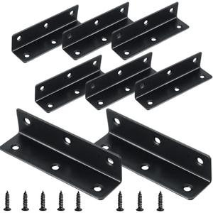 8PCS L Bracket 3.2"x0.9" Stainless Steel Corner Brace Heavy Duty 90 Degree Corner Fastener Black Large Angle Brackets for Wood Furniture Bedframe Cabinet Drawer Chair with Mounting Screws