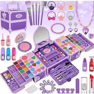 99 Pcs Kids Makeup Kit for Girls, Princess Toys Real Washable Cosmetics Set with Mirror, Hair Ties, Nails, Rings, Earrings, Necklace, Perfect for 3 4 5 6 7 8 Year Old Girls Birthday
