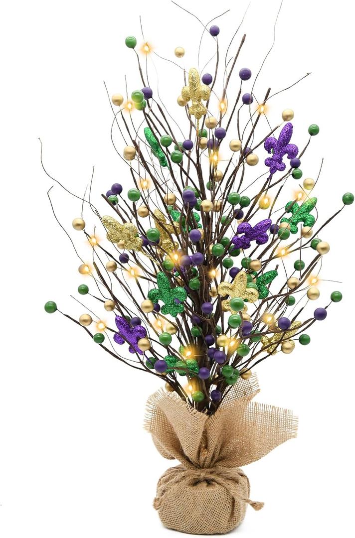 CRCZK Mardi Gras Table Tree Decorations 20"H Lighted 20Leds Mardi Gras Tree with Fleur De Lis String Lights Mardi Gras Decorations Table Centerpiece New Orleans Mardi Gras Decor Masquerade Party Decor (Purple Green Yellow)