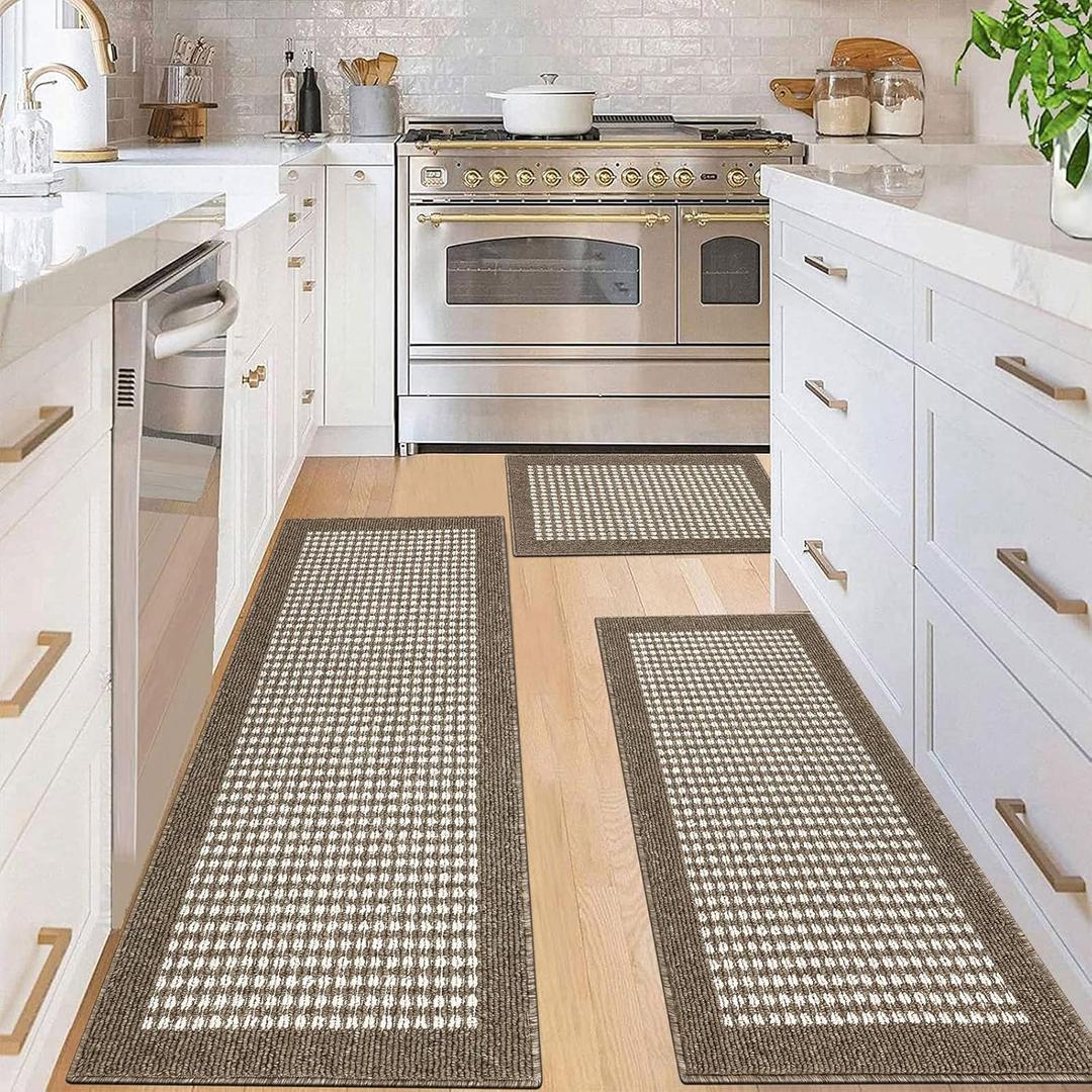 Ileading Kitchen Mat Sets 3 Piece Minimalist 3D Lattice Kitchen Floor Rugs with Non Slip Rubber Backing Machine Washable Farmhouse Runner Rugs for Laundry Hallway Doormat(Brown) (20"x32"+20"x48"+20"x59")