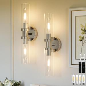 Rechargeable Battery Operated Wall Sconce Set of 2, 8000mAh Cordless Wall Lights with Dimmable, Timer Function, 3000K Warm White, Easy Install for Living Room, Bedroom, Nickel Finish, Bulbs Included