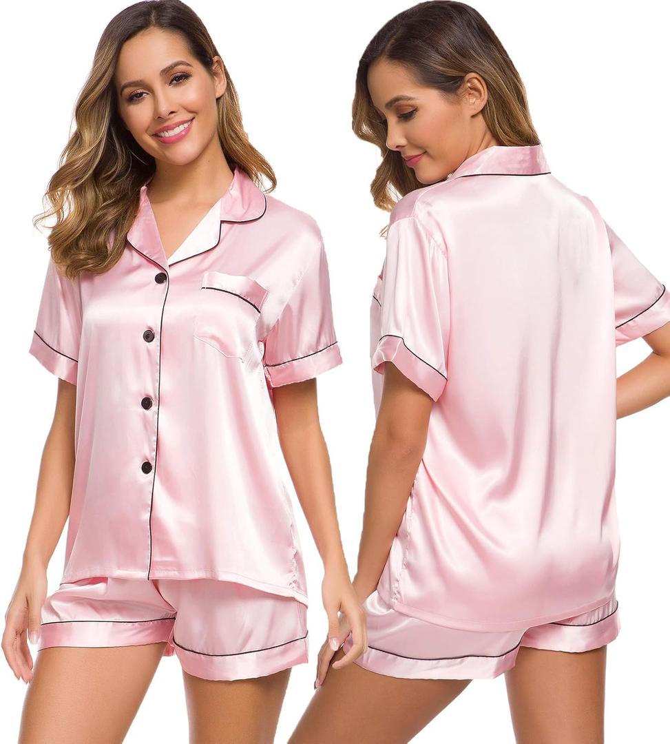 SWOMOG Womens Silk Satin Pajamas Set Short Sleeve Sleepwear Button Down Top and Shorts Loungewear 2 Piece Pjs Set (XX-Large, Pink)