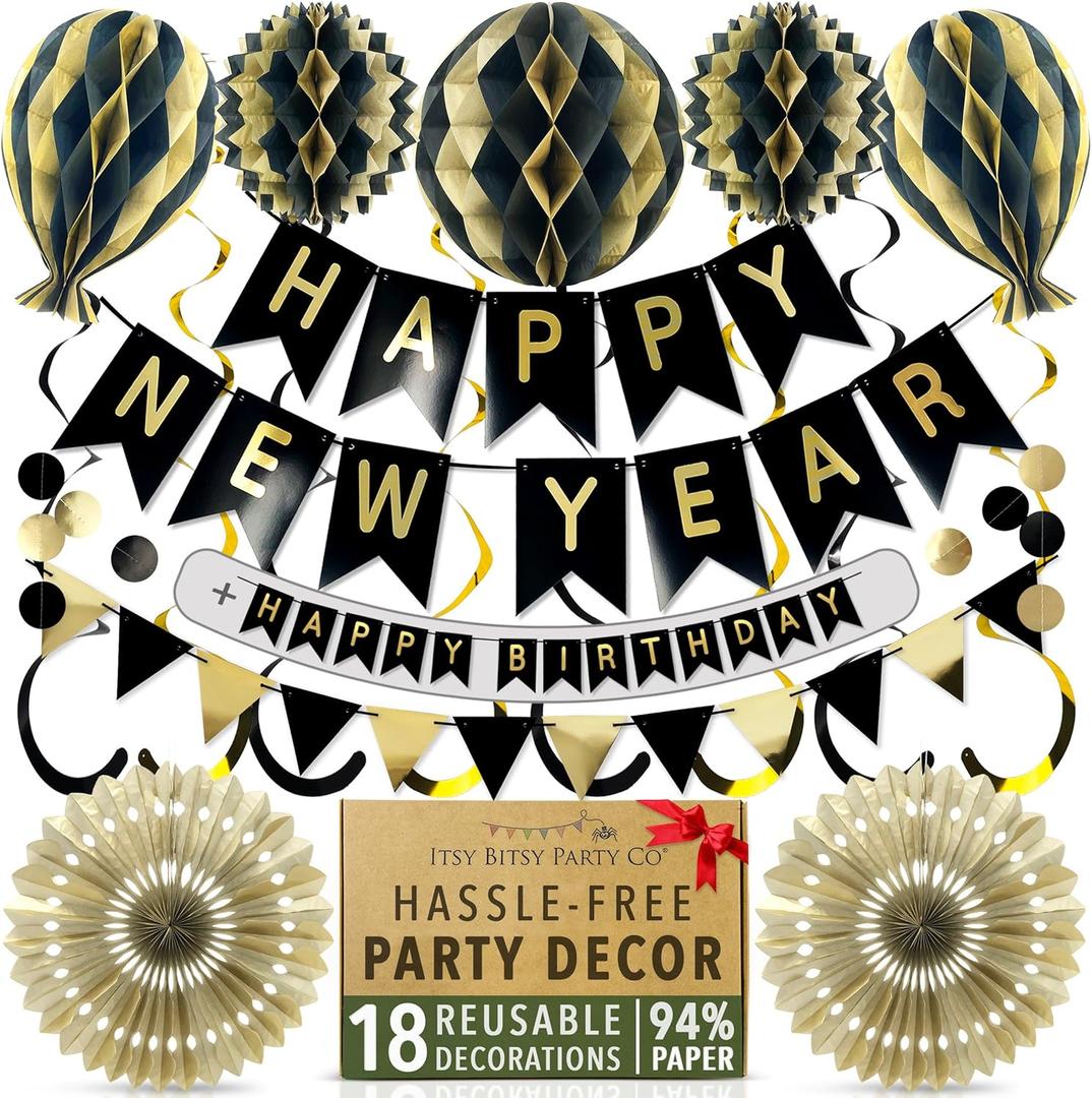 Premium Reusable Birthday Decorations - Multi-occasion Happy Birthday Banner also spells Party Day + more, Fast Assembly with Velcro - Black and Gold Party Decorations for Men and Women