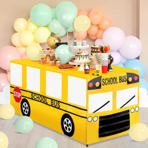 6 Ft School Bus Tablecloths Birthday Party Decorations School Bus Theme Table Cover Washable Fabric Polyester Rectangle Table Covers Protector for School Kindergarten Back to School Party Decorations