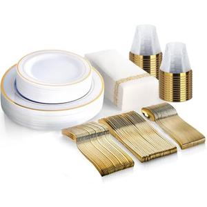M MCIRCO 175 Piece Gold Dinnerware Set - Plates - 22 Silverware - 22 Cups - 25 Paper Napkins, 22 Guest Disposable Gold Dinnerware Set