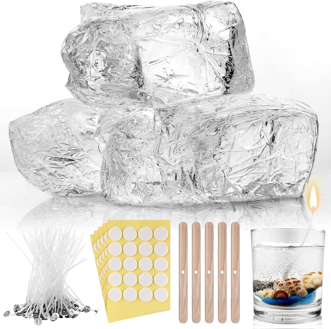 HyqehrtYazc 4.4 lb Clear Jelly Candle Wax High Density Gel Wax for Candle Making 50 Pcs Wick and 60 Pcs Wick Stickers for DIY Making Handmade Projects Material Supplies