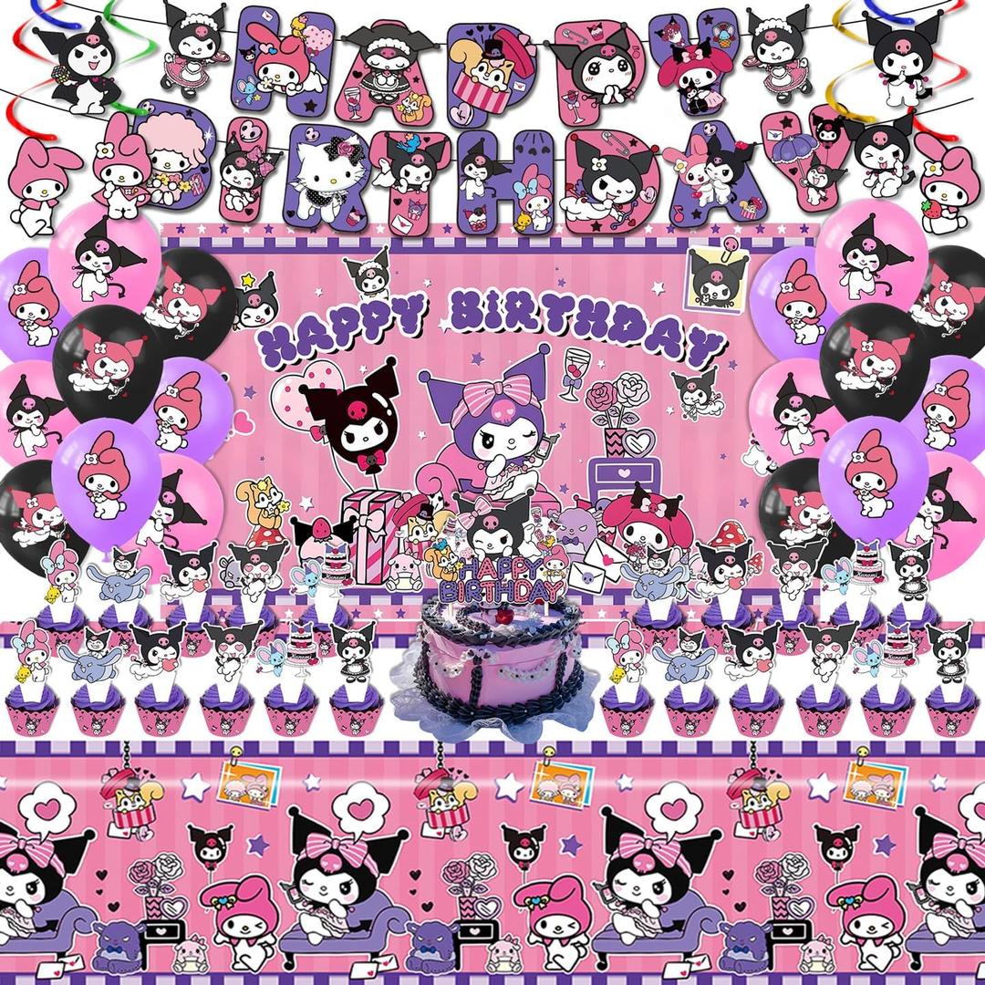 AVONO Kuromi Birthday Party Supplies, Party Decorations Set Include Banner, Backdrop, Balloons, Hanging Swirls, Cake Cupcake Toppers, Tablecloth for Girls Kuromi Theme Party