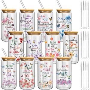 Teenyyou 12 Set of Christian Gifts for Women Bible Verse Glasses Tumbler with Bamboo Lid and Glass Straw 16oz Inspirational Religious Coffee Cup for Birthday Mother's Day Faith Lovers Use & Home Decor