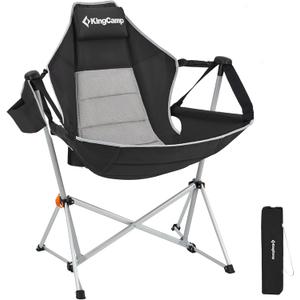 KingCamp Hammock Chair with Footrest, Swinging Portable Folding Camping Chairs for Adults MAX 400lbs Heavy Duty Foldable Oversized Rocker with Cup Holder Pillow for Outdoor Beach Patio Sport Lawn (Deluxe Black/Grey)