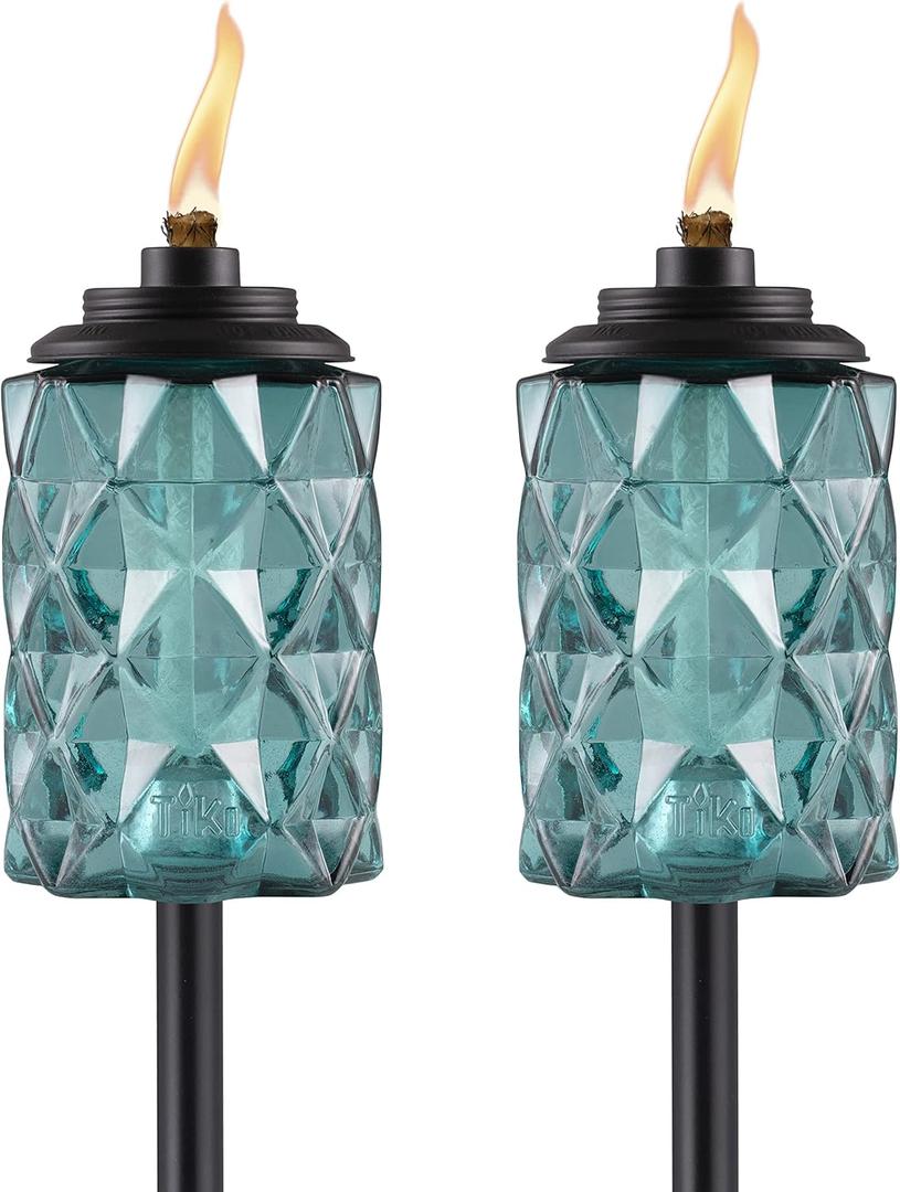 TIKI 2-Pack Topaz Blue Glass Torches  65" Outdoor Decorative Torches for Patio, Backyard & Garden  Easy Install, Weather-Resistant with Long-Lasting Wick & Snuffer