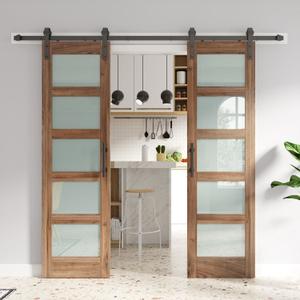 FREDBECK Double 24 x 84 inch Glass Barn Doors 48inch Barn Door with 8FT Hardware Kit & Handle Included,5-Panel Frosted Glass,LVL Wood Panel,Water-Proof PVC Surface,Pre-Drilled Holes,Need Assembly