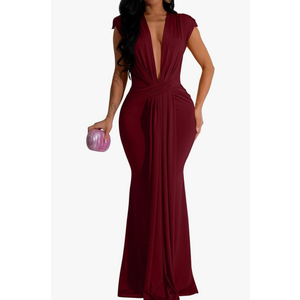 Memoriesea Women's Elegant Sleeveless Deep V Neck Bodycon Party Evening Gown Maxi Dress, Color: Burgundy, Size Small