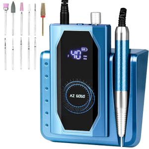Professional Brushless Nail Drill, AZ GOGO 85W Cordless Electric Nail File 40000RPM Rechargeable Portable Nail Drill Machine for Gel/Acrylic Nails Salon Level (Blue)