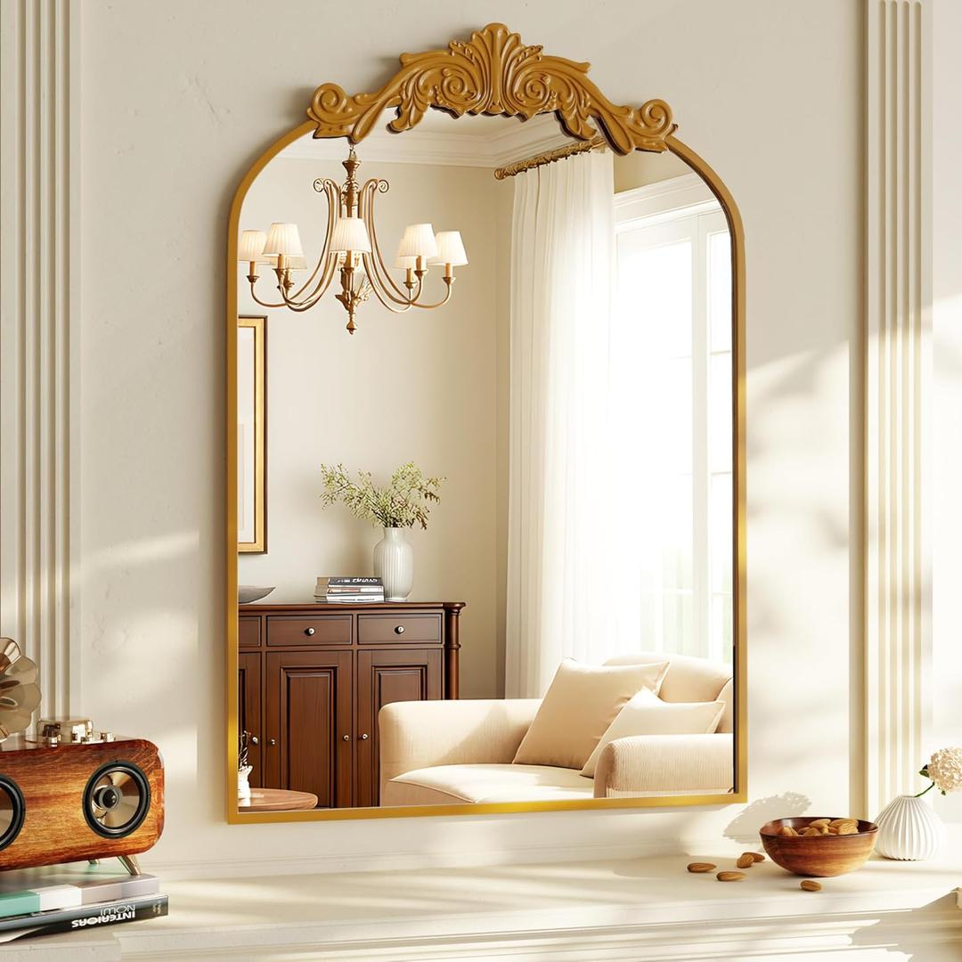 VooBang Vintage Arched Bathroom Mirror, 24x36 Inch Retro Wall Mounted Vanity Mirror with Carved Pattern Top and Metal Frame, Gold Decorative Mirror for Hanging or Leaning