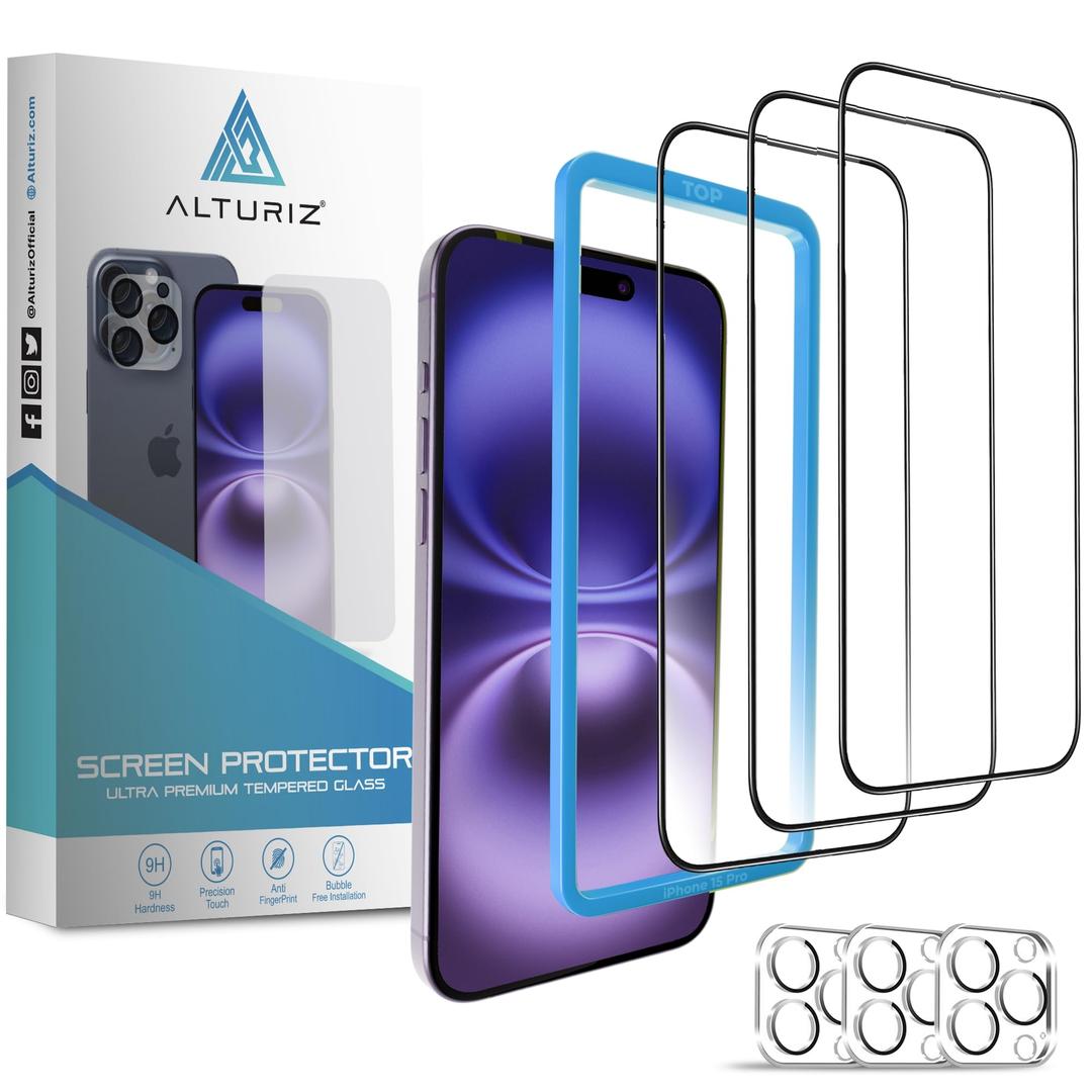 ALTURIZ 3 Screen Protectors for iPhone 15 Pro [6.1 inch] + 3 Camera Lens Protectors with Easy Installation Frame. [9H Hardness] Bubble-Free, Case Friendly, Tempered Glass, Full Coverage, Shatterproof [3+3 Pack]